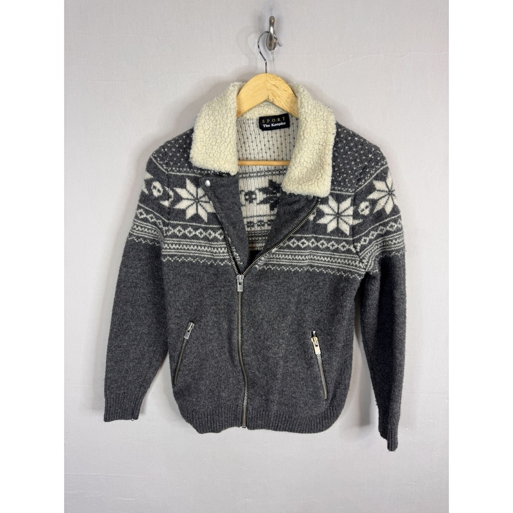 The Kooples Sport Grey Fair Isle Skull Snowflake Sherpa Collar Zip Cardigan Wool